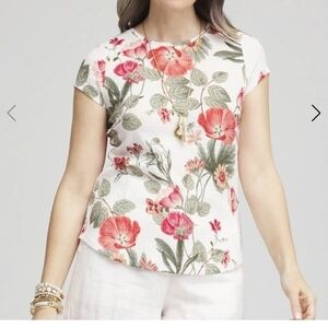 New.Chico's Red and Green Floral Short Sleeve Top Size M